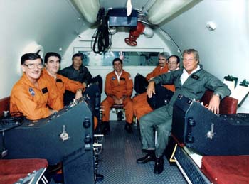 S87-40725.jpg - Crew of the Manned Test Support Group (1987); (L-R) Herb Foss, Glenn Lowry, Gordon Baty, Mike Fox, Chuck Shannon, Marv Griffiths, Larry Busch