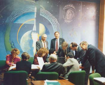 NASA Joint Safety Assurance Working Chairman Gary Johnson with Russian Chairman Boris Sotnikov at the first Shuttle-Mir safety documents signing. 