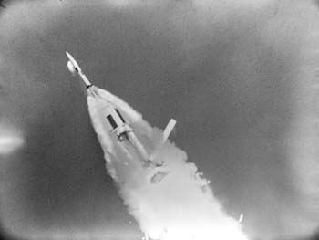 S65-19561 - Firing of Launch Escape Motor and Pitch Control Motor at spacecraft abort.