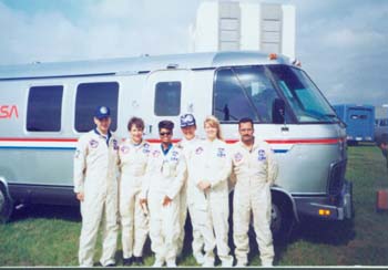 STS-37 suit tech crew. L to r: unidentified, Jean Alexander, McDougle, Max Kandler, Jolene Jones, Ray Cuevas