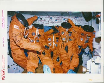 The STS-37 crew Launch and Entry Suits (LES) floating in space! 