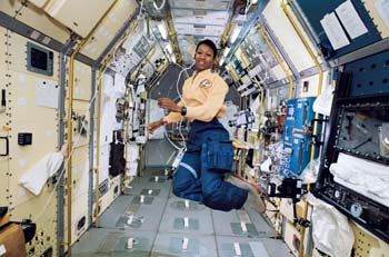 Mae Jemison floating in space