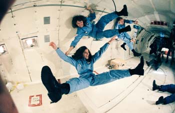 STS 51-L “Teacher in Space” Christa McAuliffe (at top) her backup crew member, Barbara Morgan, and Payload Specialist Greg Jarvis training on the KC-135 Zero G aircraft.