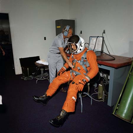 Suit-up Room of WB-57 Flight. David Whittle is pictured in the suit.