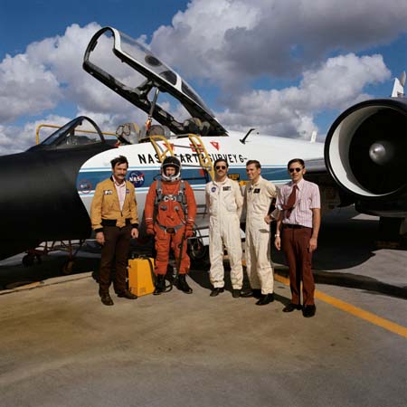 Dave Griggs, Tom Barrow, David Whittle, Harley Weyer, Carl Koontz pictured in front of the NASA WB-57 F Earth Resources Aircraft 