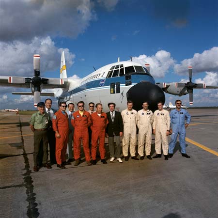 Joe Cambiaso, Richard Baker, Gordon Hrabal, Charlie Otti, Jim Lindemann, Carl Koontz, Will Fenner, Frank Newman, Bill Reeves, David Whittle, Harley Weyer, Andy Anderson pictured in front of the NASA C-130 Earth Resources Aircraft. 