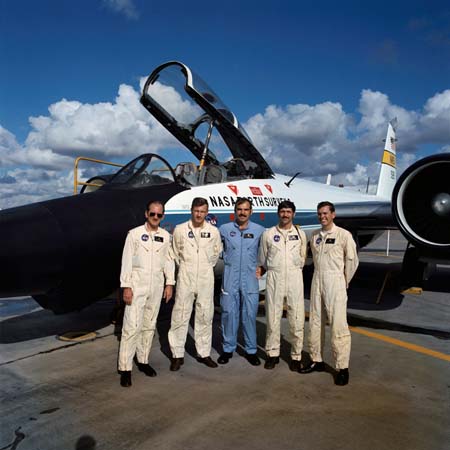 Tom Barrow, Bill Reeves, Andy Anderson, David Whittle, Harley Weyer pictured in front of the NASA WB-57 F Earth Resources Aircraft. 