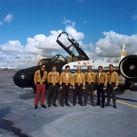 Ted Mendenhal, Joe Algranti, David Griggs, Dick Tuntland, Ken Haugen, Unknown, Larry Gaventa pictured in front of the NASA WB-57 F Earth Resources Aircraft. 