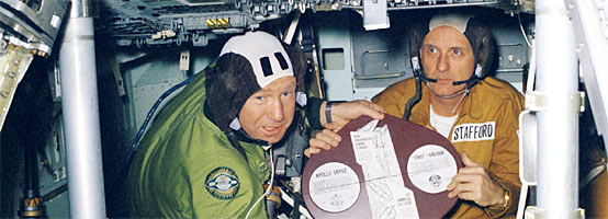 Cosmonaut Aleksei A. Leonov, left, and Astronaut Thomas P. Stafford display the Apollo Soyuz Test Project commemorative plaque.