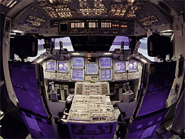 This "fish-eye" view illustrates NASA's Multifunction Electronic Display Subsystem, otherwise known as the "glass cockpit."