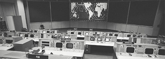 An overall view of the Mission Operations Control Room on the second floor of NASA's Houston Mission Control Center.