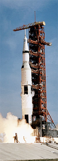 The huge, 363-foot-tall Apollo 11 space vehicle is launched from Pad A, Launch Complex 39, Kennedy Space Center, at 9:32 a.m. (EDT), July 16, 1969.