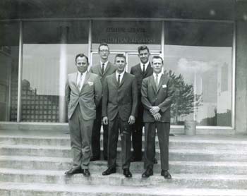 Johnsville, PA, Navy Acceleration Lab (July 1965) Navy Hospital Corpsmen assigned to Manned Space Flight Center.  Back (L-R) Jerry Kingsmill, Bob Stevenson.  Front (L-R) Bob Thomas, Mike Fox, Jim Tyler