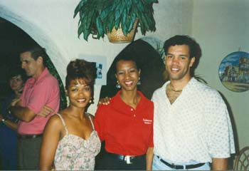 STS-47 landing party at Villa Capri. Pictured l to r: McDougle, Mae Jemison, and McDougle's husband Maronald McDougle.