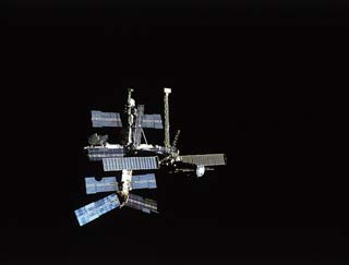 Wide shot of Mir Space Station.