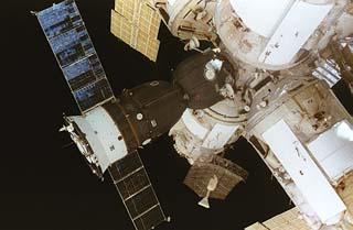 Exterior shot os Soyuz docked to Mir