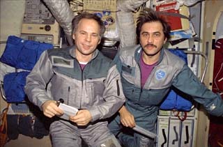 Solovyev and Vinogradov in the Mir space station Base Block