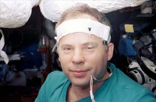Solovyev wears a Night Headband Monitor and eye sensor for a sleep study