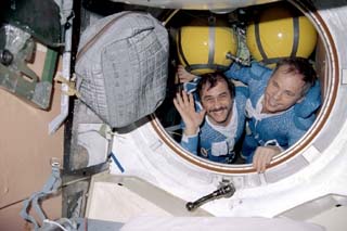 Solovyev and Vinogradov in the Kristall module of the Mir Space Station
